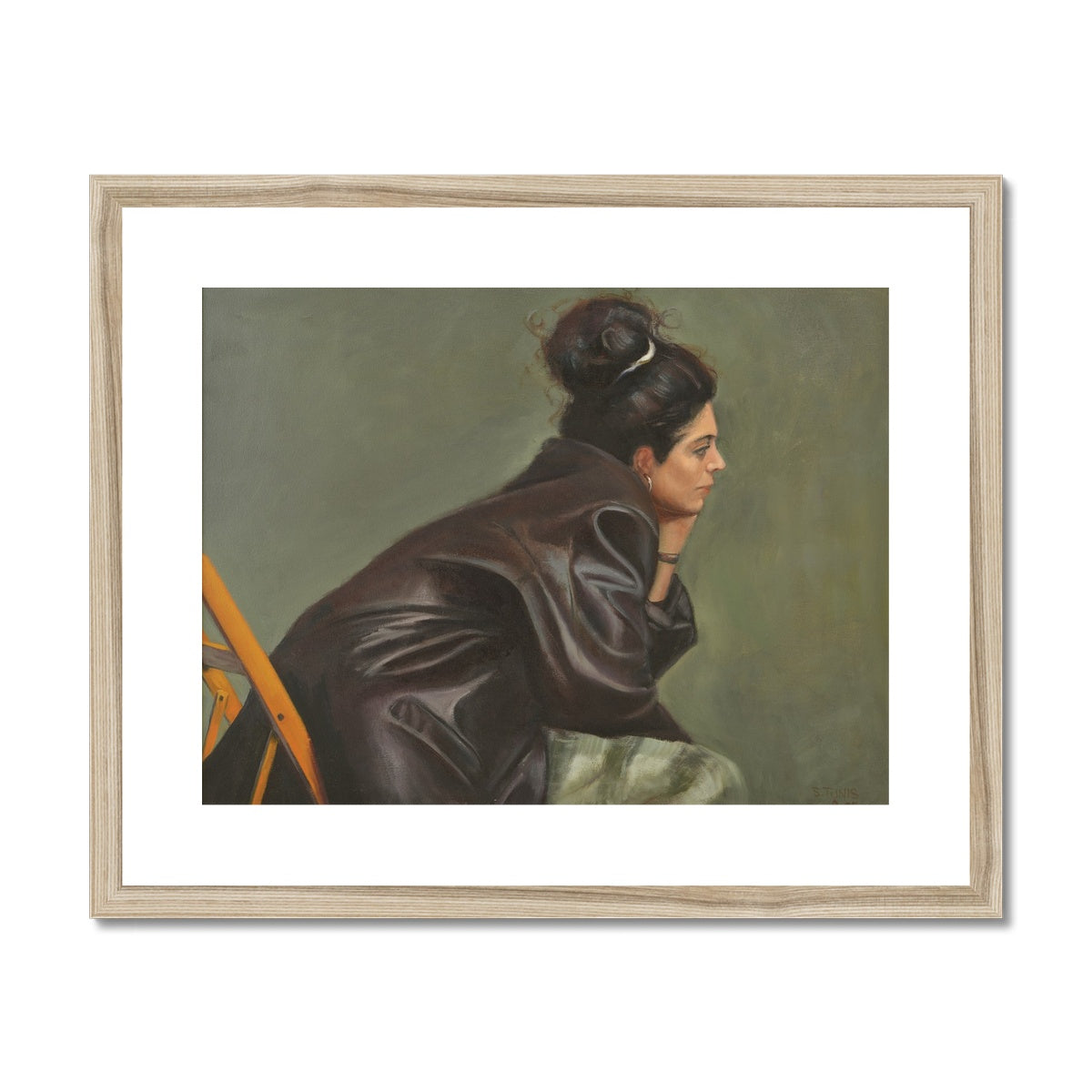 Woman in Brown Leather with Bun Framed & Mounted Print