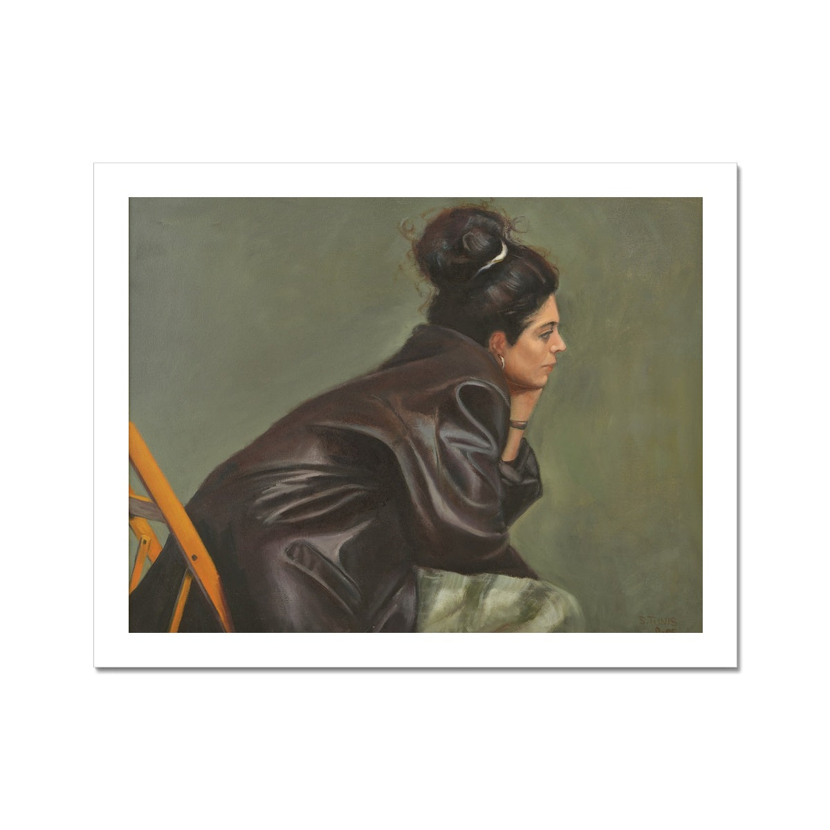 Woman in Brown Leather with Bun Fine Art Print