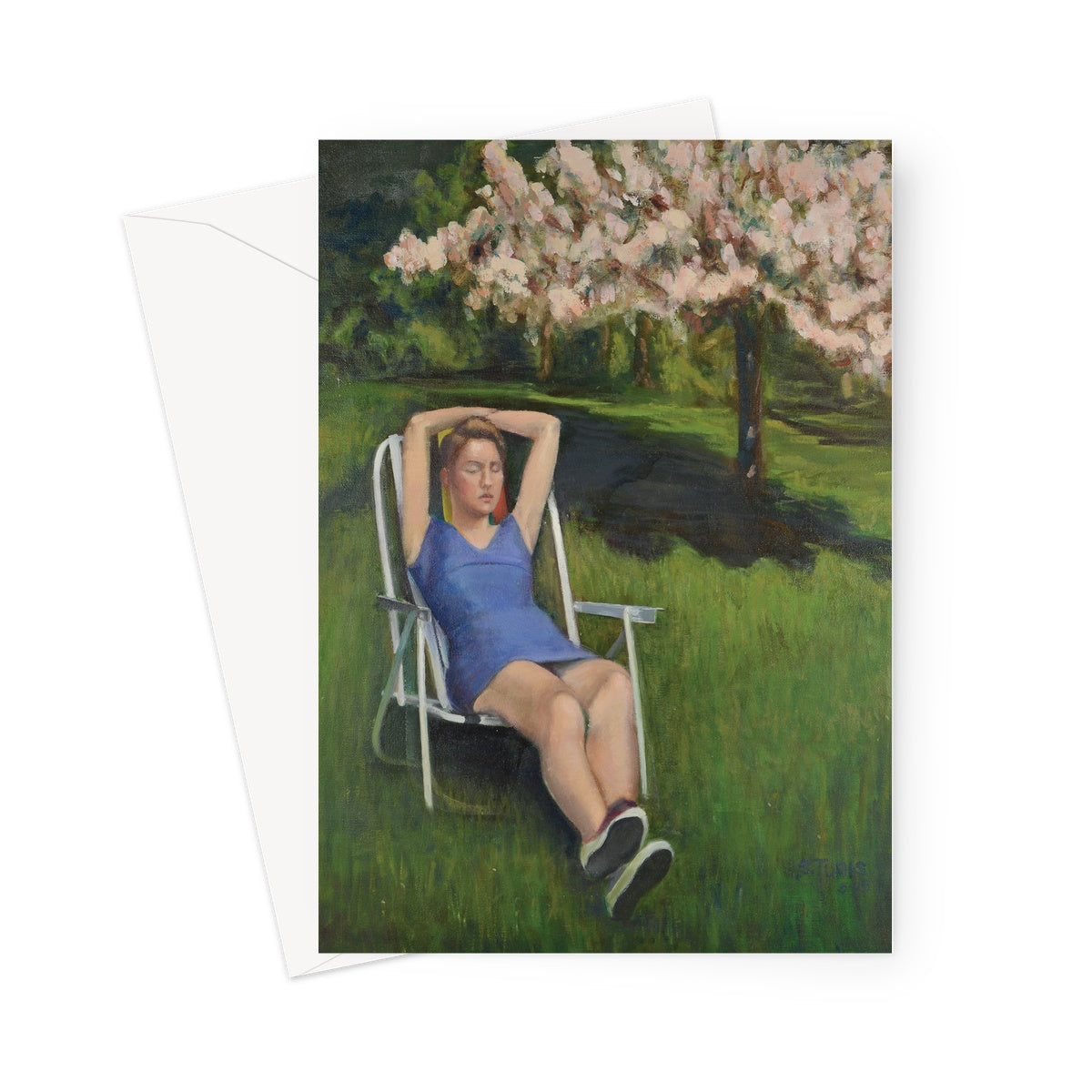 Woman on Lawn with Cherry Blossoms Greeting Card