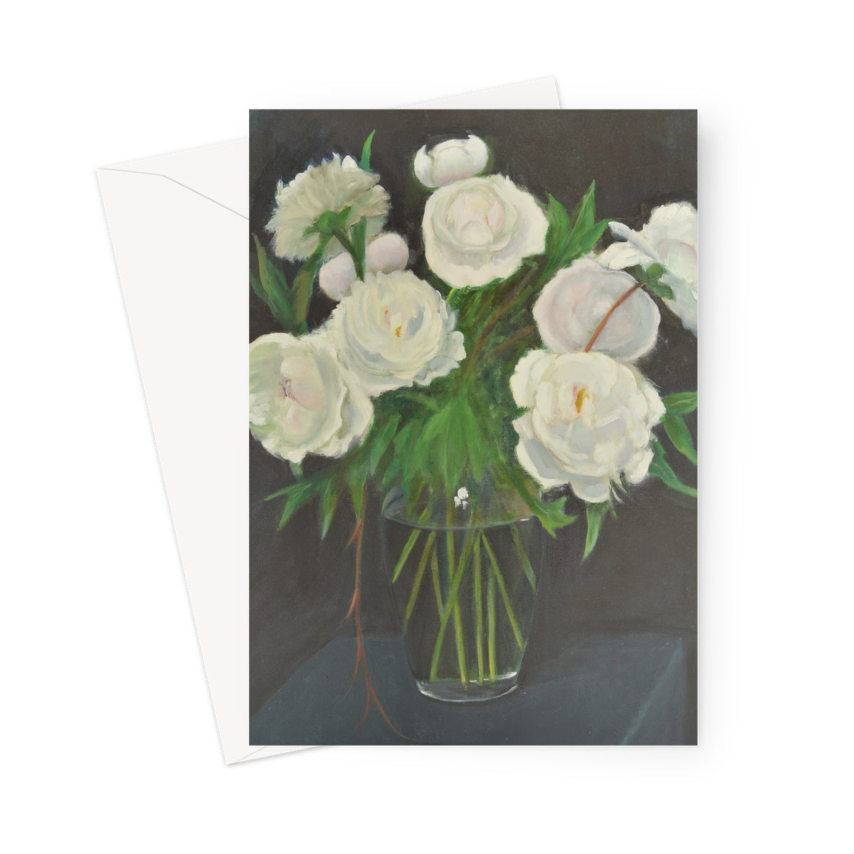 White Peonies in Glass Vase Greeting Card