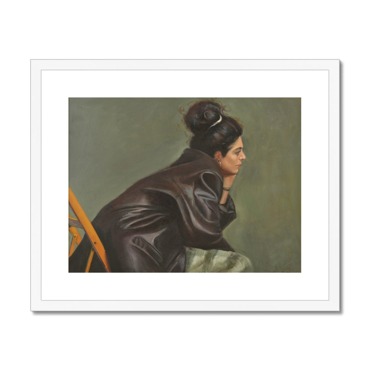 Woman in Brown Leather with Bun Framed & Mounted Print